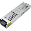 Industrial switching power supply in a metal enclosure with ventilation slots and a small green indicator LED.
