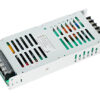 AC-DC switching power supply module with terminal block on one end and a perforated metal housing for mounting and cooling.