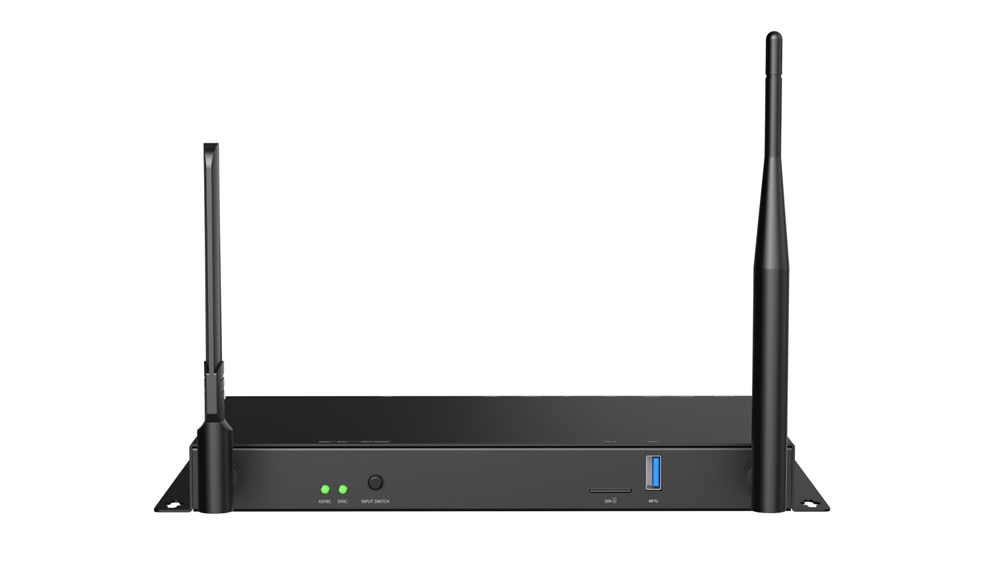 Black wireless router with two external antennas, resting on a flat surface; front panel shows status LEDs and a USB 3.0 port toward the right.