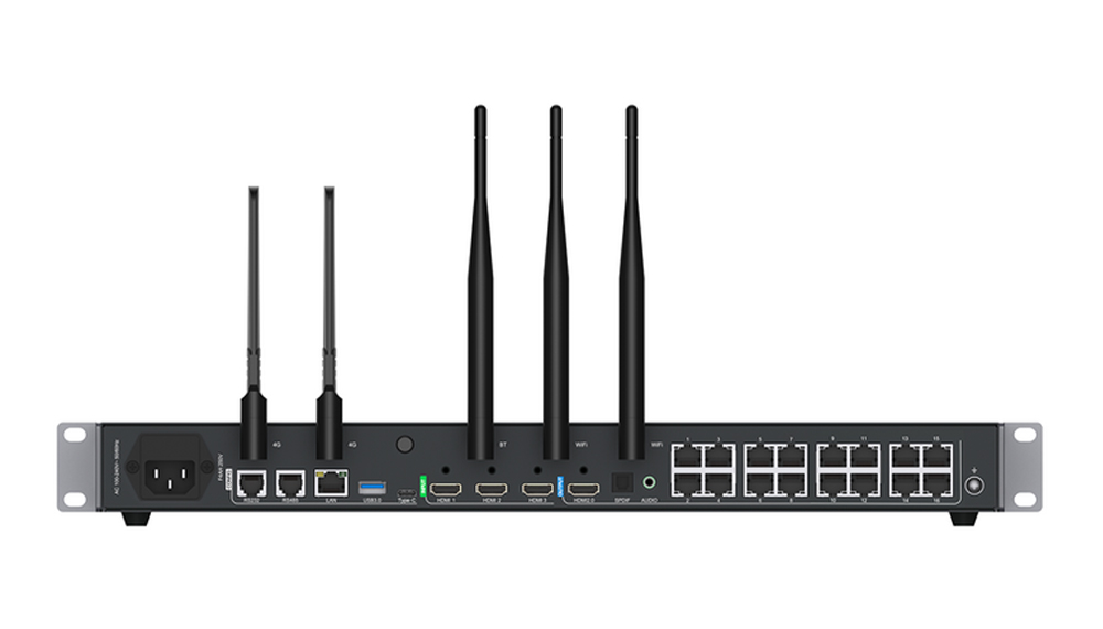 A800 2 - LED-Mall, Shopping LED Controller & LED Display Parts 24-port managed network switch with four external antennas and a power inlet, rack-mountable