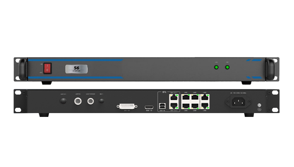 Front and rear view of a 1U S6 network appliance: front panel with power switch and status LEDs; back panel with multiple Ethernet ports and power inlet.