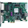 Green PCIe expansion card with a gold edge connector and multiple chips, photographed from the side with a metal bracket visible