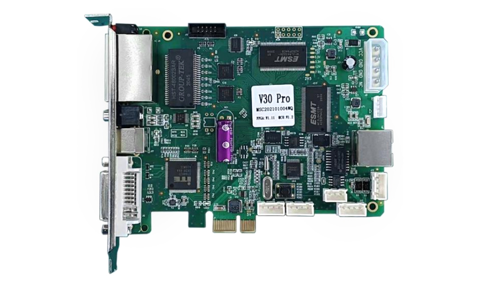 Green PCIe expansion card with a gold edge connector and multiple chips, photographed from the side with a metal bracket visible