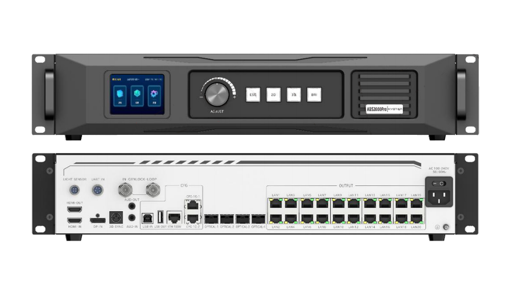 Front and back of a dual-render network appliance: front panel with display, dial, and status buttons; back panel shows many Ethernet LAN ports and power input (KBS2000PRO).