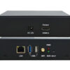 Two stacked black metal enclosures: the top unit has a DC 12V input and an HDMI output port; the bottom unit features LAN, USB, USB-C ports and status LEDs (PWR, RUN, RESET).