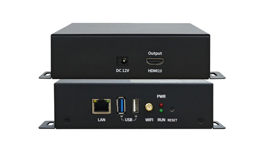 Two stacked black metal enclosures: the top unit has a DC 12V input and an HDMI output port; the bottom unit features LAN, USB, USB-C ports and status LEDs (PWR, RUN, RESET).