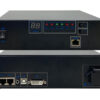 Two black rack-mount networking devices stacked, with a front display, status LEDs and a LAN port; rear panel shows two Ethernet ports, audio, USB, DVI, and power input.