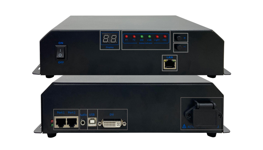 Two black rack-mount networking devices stacked, with a front display, status LEDs and a LAN port; rear panel shows two Ethernet ports, audio, USB, DVI, and power input.