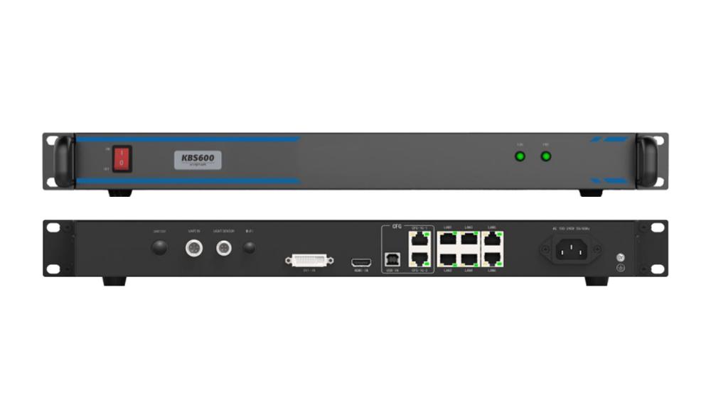 Rack‑mount network appliance (KBS600) front view: power switch on left, two green status LEDs on the right; back shows Ethernet ports and a power input panel.