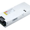 White metal industrial switching power supply seen from an angled perspective, with exposed terminals and labels on top side