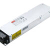 Silver rectangular industrial power supply module with a black terminal block at the end and yellow warning label on its side