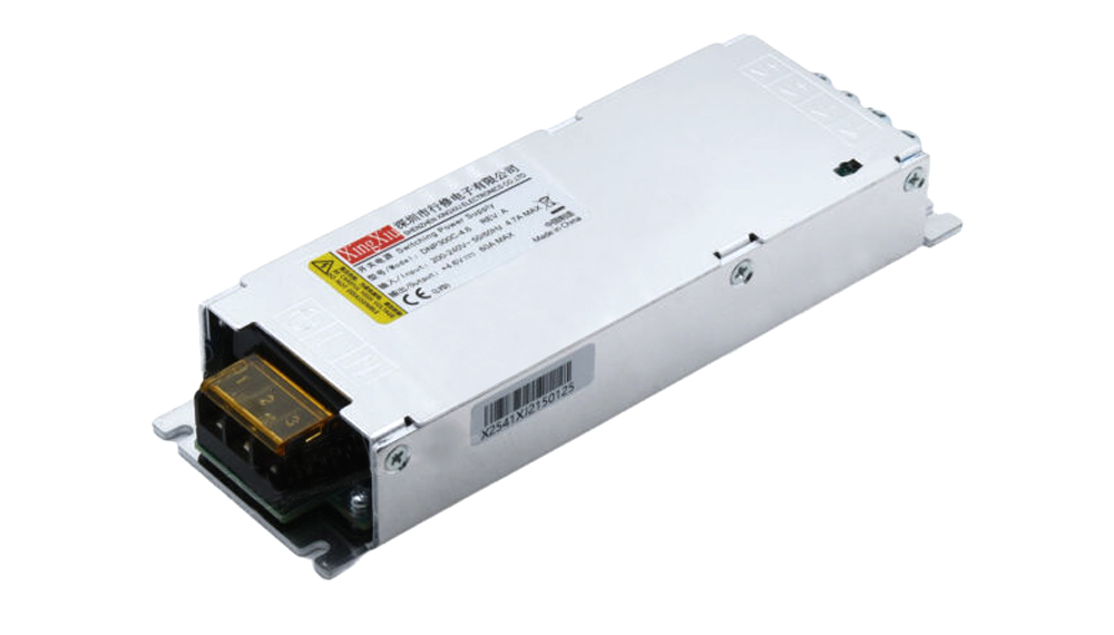 Metal enclosed switching power supply with a yellow-orange terminal block on the front edge