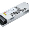 Switching power supply module with a terminal block and perforated cooling vents, metal enclosure used in electronics.