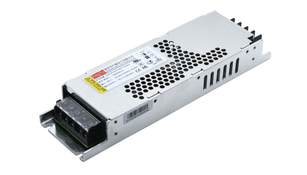 DSP200V-5 1 - LED-Mall, Shopping LED Controller & LED Display Parts Switching power supply module with a terminal block and perforated cooling vents, metal enclosure used in electronics.