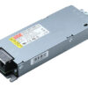 Gray metal DC power supply module with a screw-terminal block on one end and side mounting ears; labeled V+ and V- terminals and safety stickers