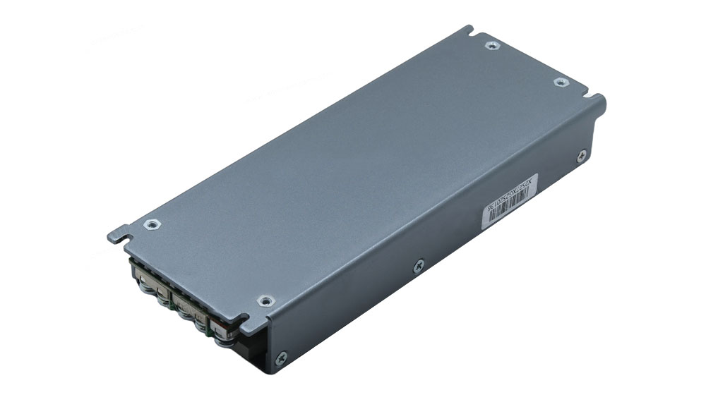 DSP400L-0304 2 - LED-Mall, Shopping LED Controller & LED Display Parts Gray rectangular metal electronic module with a multi-pin terminal connector on one end and a barcode label on the side, screws securing the cover