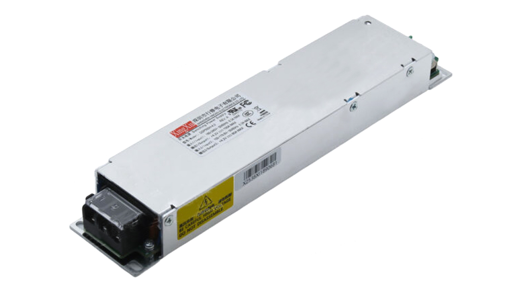 Metal 1U/2U power supply module with mounting flanges and connector at one end (industrial DC power supply)
