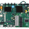 Green single-board computer motherboard with heatsinks, RAM, connectors, and power components visible on a white background.
