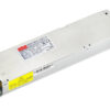 Metal rectangular switching power supply module with input/output terminal blocks at both ends and safety labels on top surface, used to convert AC to DC.