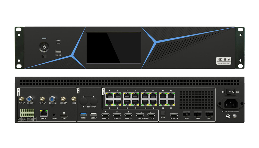 Rack-mount display controller with front touchscreen and rear port panel showing multiple Ethernet, USB, and power connections (HD-H16).