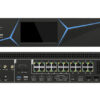 Front and back view of an HD-H20 display controller: front panel features a central screen with blue geometric accents, back panel shows multiple Ethernet ports and a power connector.