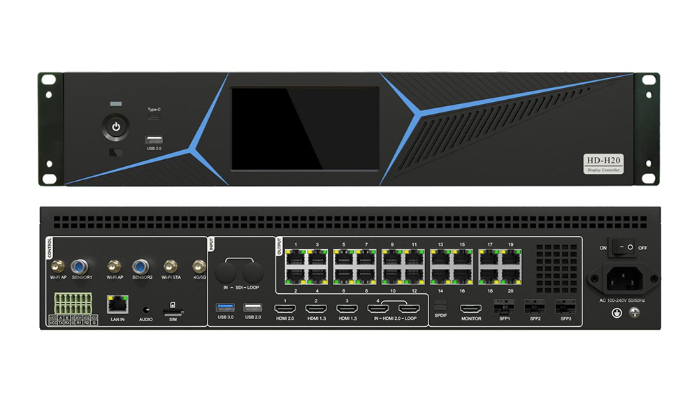 Front and back view of an HD-H20 display controller: front panel features a central screen with blue geometric accents, back panel shows multiple Ethernet ports and a power connector.