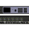Rack-mount AV encoder/processor with front touchscreen, control keypad, and power button (top image). Back shows many network ports and video outputs for a 1U rack unit (bottom image).