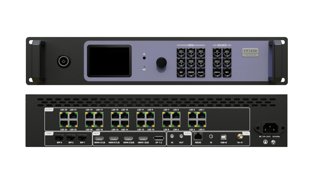 Rack-mount AV encoder/processor with front touchscreen, control keypad, and power button (top image). Back shows many network ports and video outputs for a 1U rack unit (bottom image).