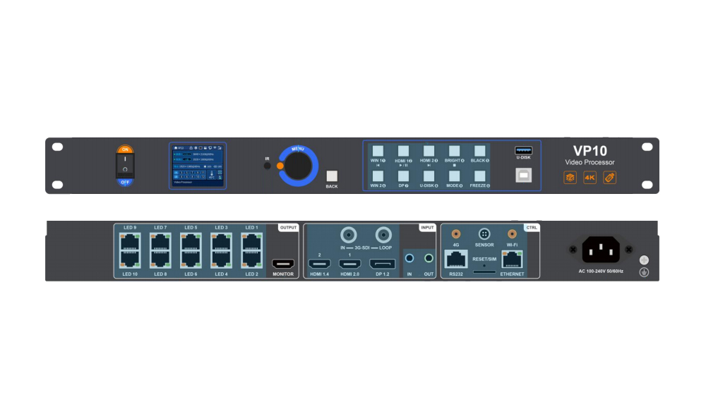 Front and rear views of a VP10 video processor rack unit with power switch, control wheel, LED indicators, and multiple I/O ports (HDMI, USB, Ethernet, AC inlet).