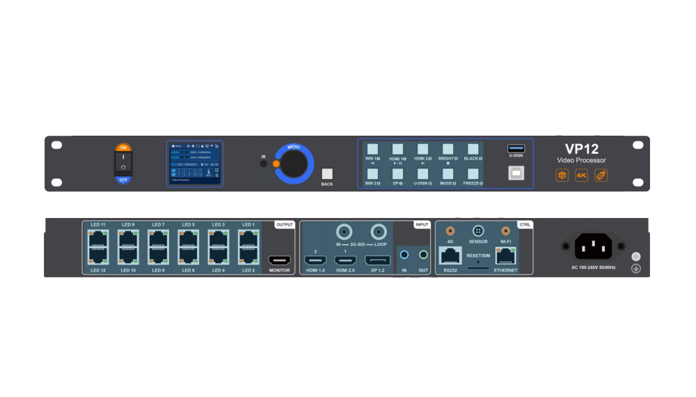 VP12 Video Processor front and back panels with LED indicators, controls, and multiple I/O ports including HDMI, Ethernet, and power input