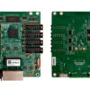Two views of a green development board: front shows many edge connectors on both sides and a USB port near the bottom with a labeled module; back displays dense pin headers.