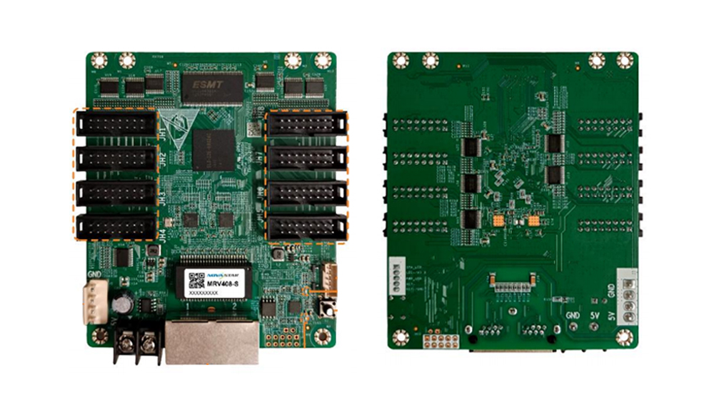 Two views of a green development board: front shows many edge connectors on both sides and a USB port near the bottom with a labeled module; back displays dense pin headers.