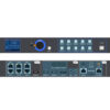 Two-view illustration of a VP6 video processor rack unit: front panel with power switch, display, knobs, and labeled buttons; rear panel with network, HDMI, USB, and power connections.