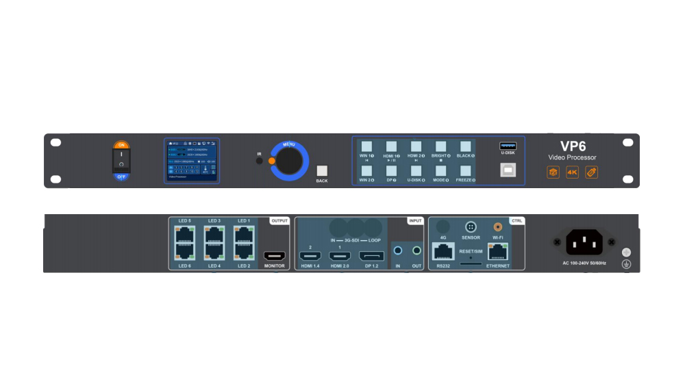 Two-view illustration of a VP6 video processor rack unit: front panel with power switch, display, knobs, and labeled buttons; rear panel with network, HDMI, USB, and power connections.