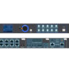 VP8 video processor in a 2U rack unit, showing front panel controls (switch, dial, LEDs) and back panel with video ports and inputs/outputs.