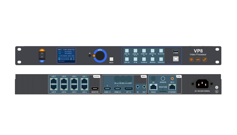 VP8 video processor in a 2U rack unit, showing front panel controls (switch, dial, LEDs) and back panel with video ports and inputs/outputs.